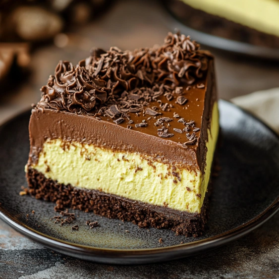 A slice of chocolate cake with chocolate frosting.