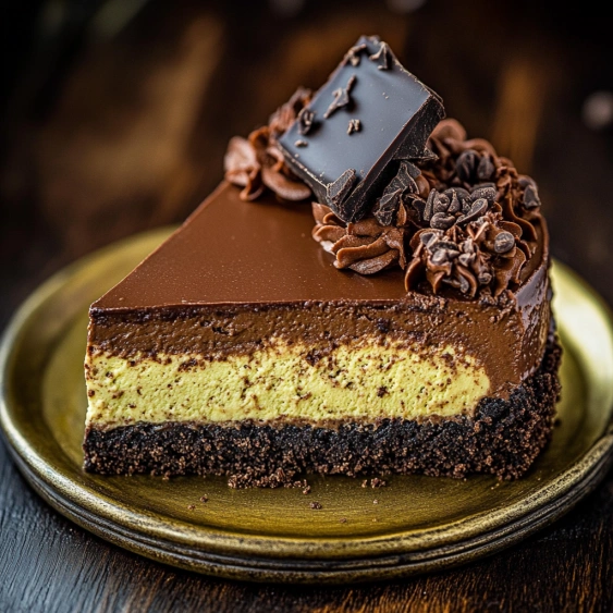A slice of chocolate cake with chocolate chips on top.