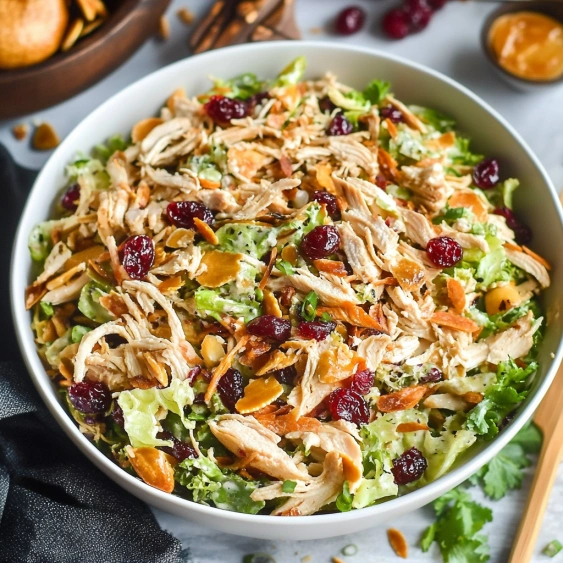 A bowl of chicken salad with cranberries.
