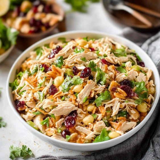 A bowl of chicken salad with cranberries and green onions.