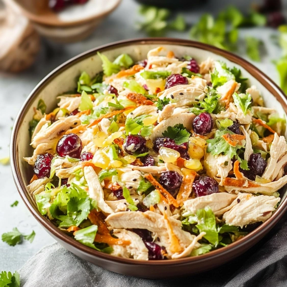 A bowl of chicken salad with cranberries and carrots.