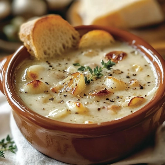 A bowl of soup with bread.