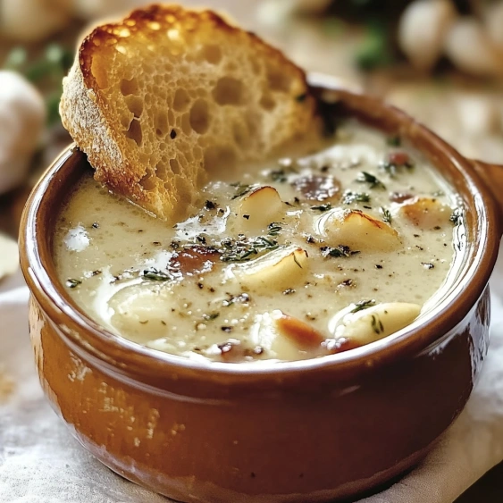 A bowl of soup with a slice of bread on top.