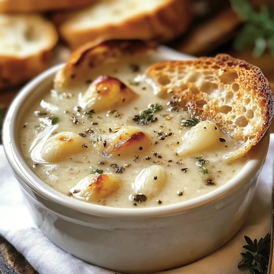 A bowl of soup with a piece of bread in it.