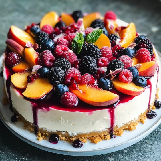 A slice of cake with fruit on top.