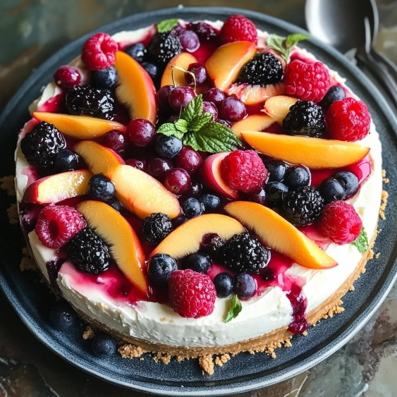 A slice of cake with blueberries and raspberries on top.