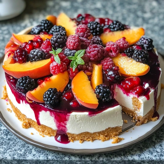 A slice of cake with berries and peaches on top.