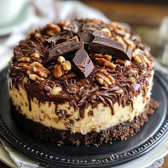 A slice of cake with chocolate and walnuts.