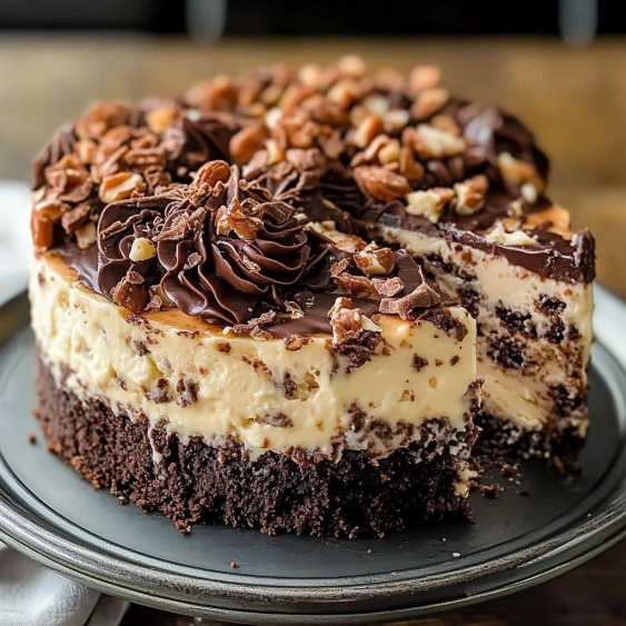 A slice of cake with chocolate and nuts.