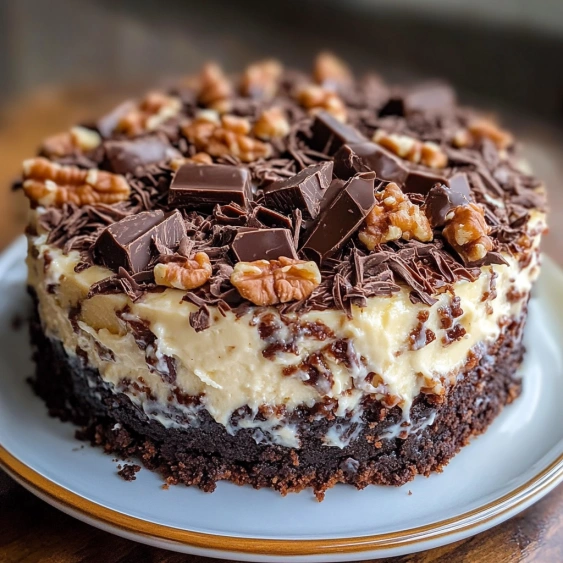 A slice of cake with chocolate and walnuts.