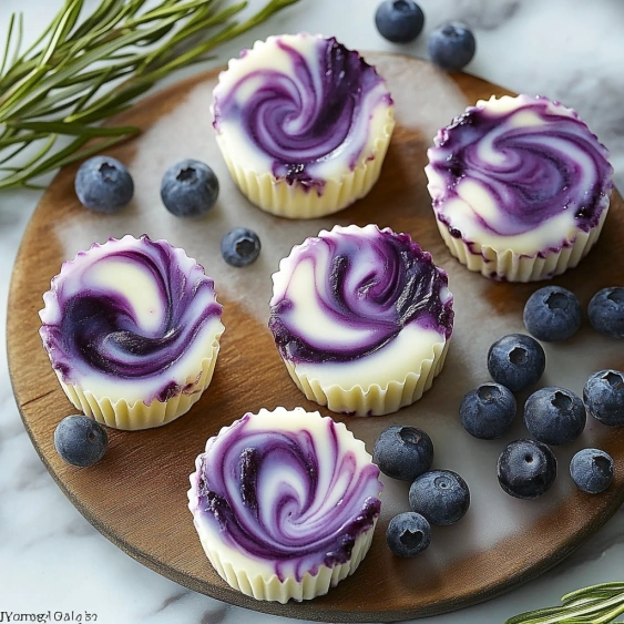 A plate of blueberry cheesecake desserts.