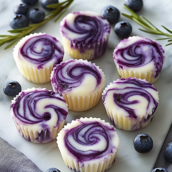 A plate of blueberry cheesecake desserts.