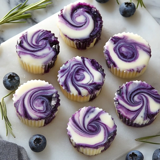 A plate of cupcakes with blueberry frosting.