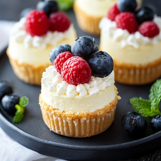 A plate of cupcakes with raspberries and blueberries on top.