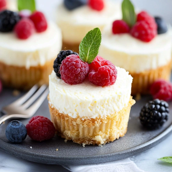 A plate of cupcakes with raspberries on top.