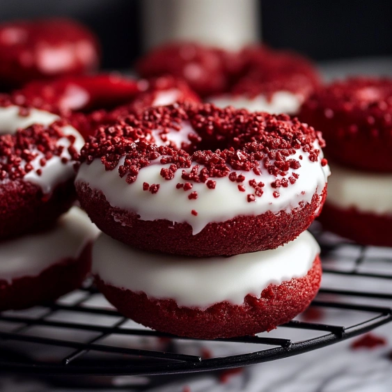 Red frosted donuts with white frosting.