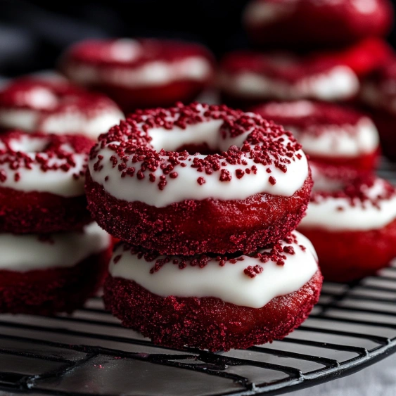 Red and white donuts on a cooling rack.
