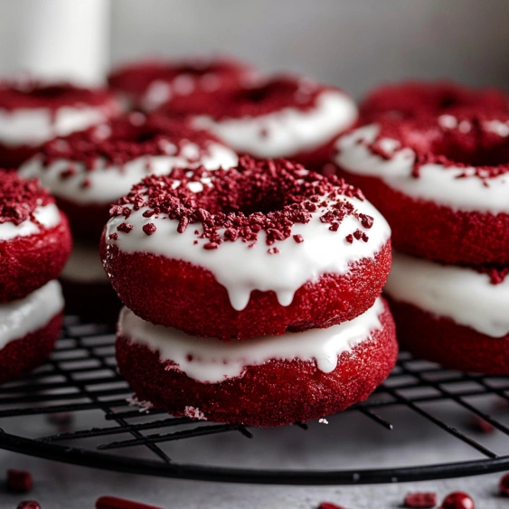Red and white frosted donuts on a wire rack.