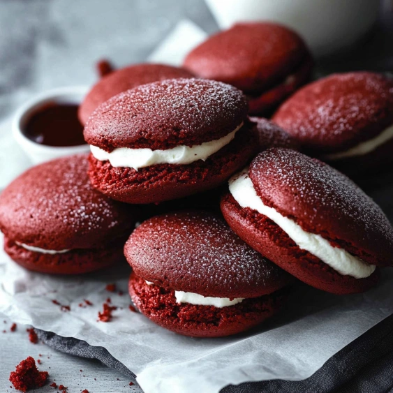 Red velvet cupcakes with white frosting.