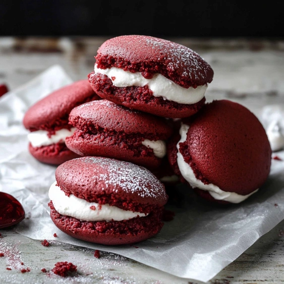Red velvet cupcakes with white frosting.