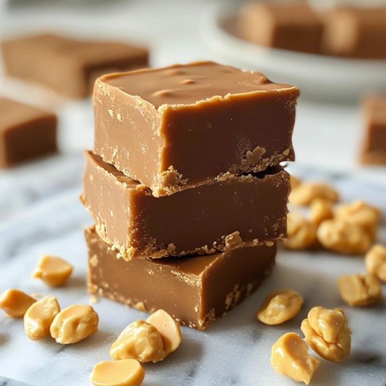 A stack of three brownies with nuts on top.