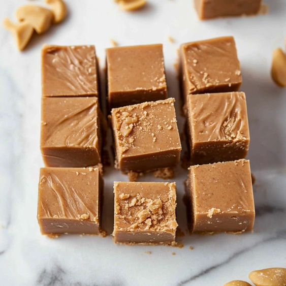 A square of caramel with peanuts on top.