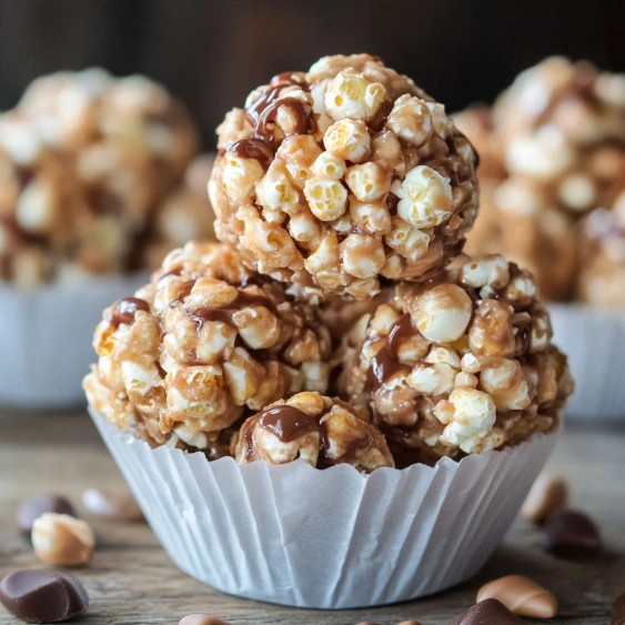A bowl of popcorn with chocolate drizzled on top.