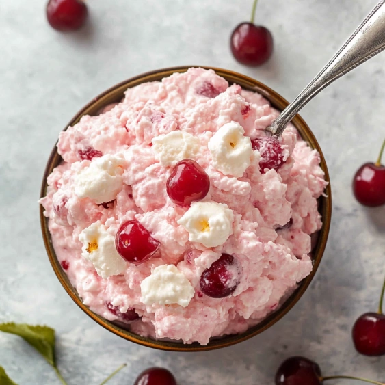 A bowl of pink dessert with cherries on top.
