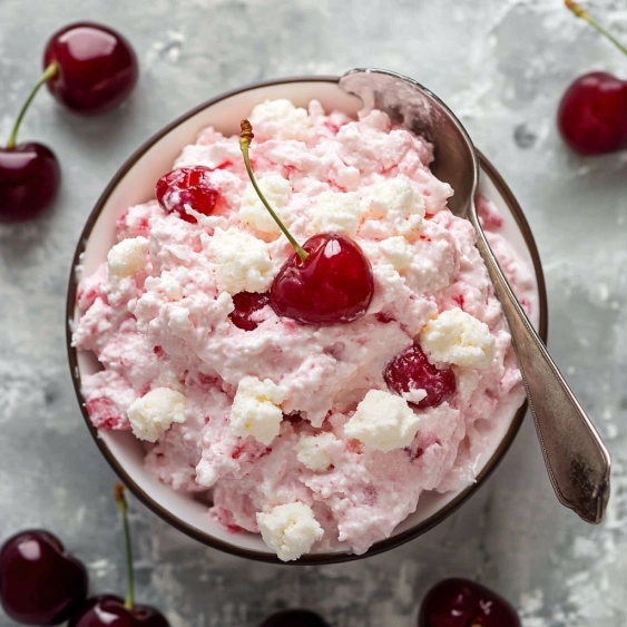 A bowl of cherry dessert with a cherry on top.