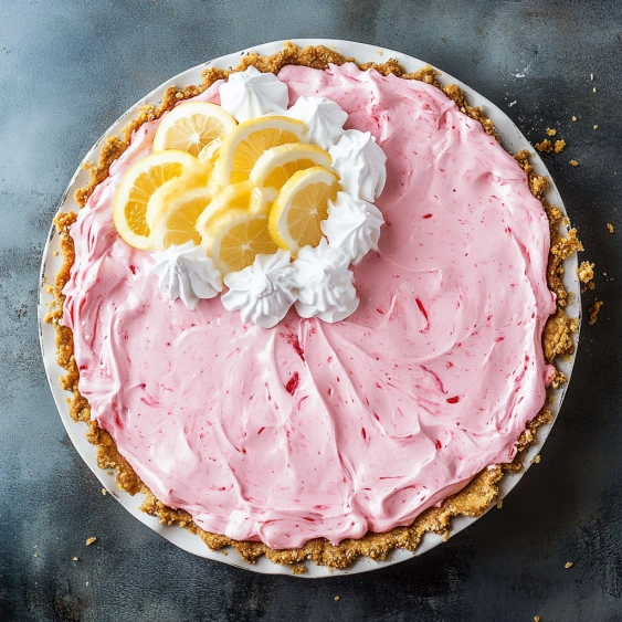 A slice of pink cake with lemon wedges on top.