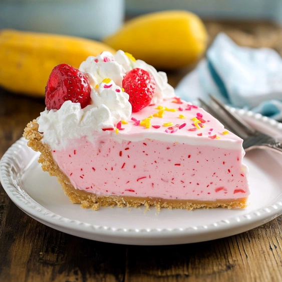 A slice of pink cake with strawberries and whipped cream on top.