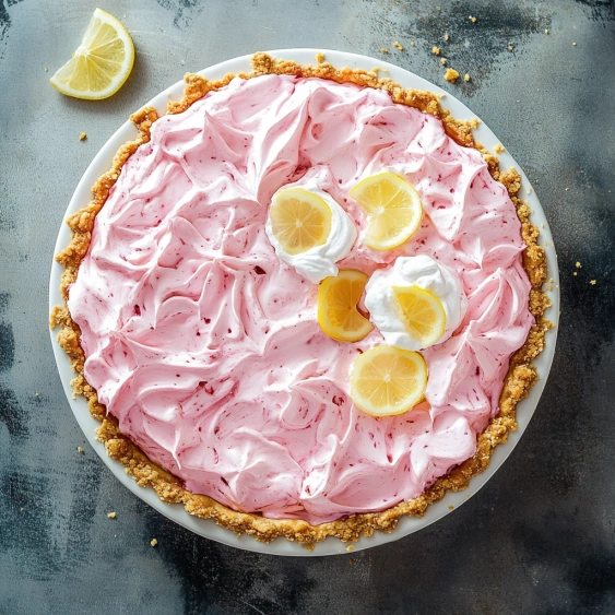 A slice of pink pie with lemon wedges on top.