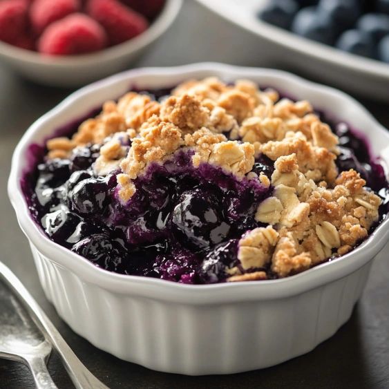 A bowl of blueberry crumble with a spoon in it.