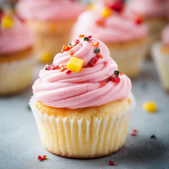 A cupcake with pink frosting and sprinkles.