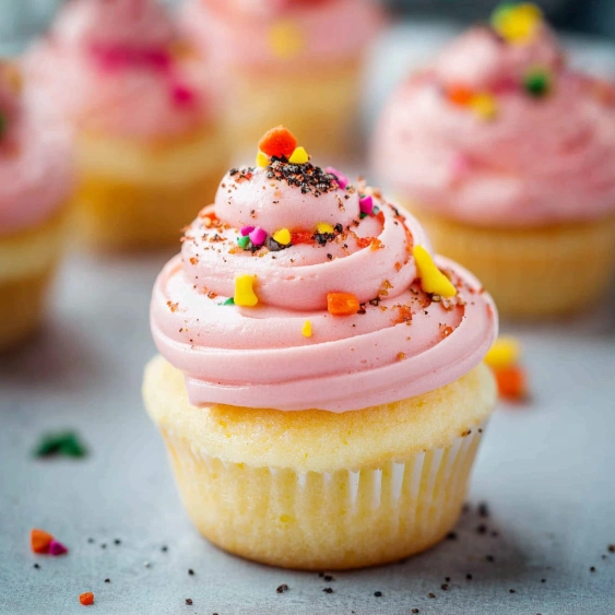 A cupcake with pink frosting and sprinkles.