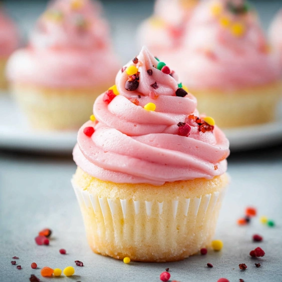 A cupcake with pink frosting and sprinkles.