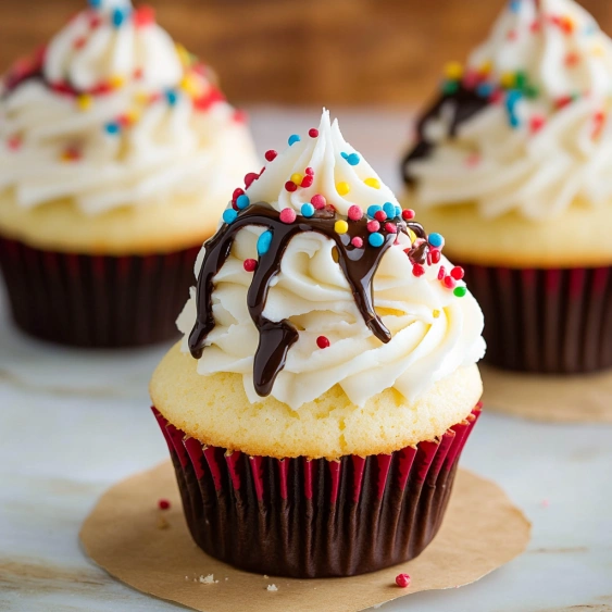 A cupcake with chocolate and sprinkles on top.