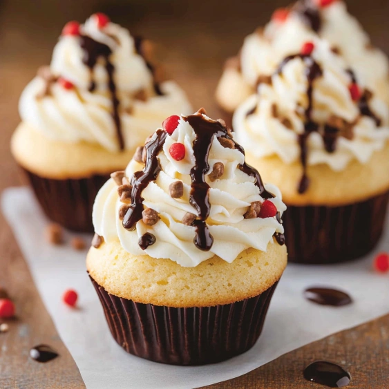 Cupcakes with chocolate and white frosting.