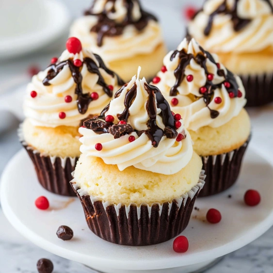 Cupcakes with chocolate frosting and red sprinkles.