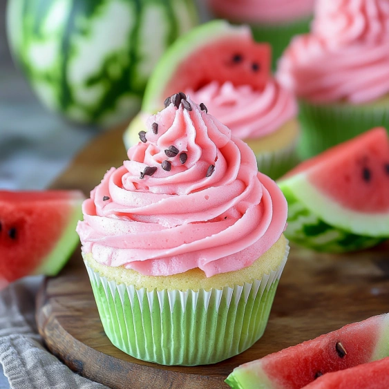 A cupcake with pink frosting and a cherry on top.