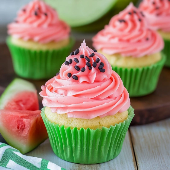 A cupcake with pink frosting and black sprinkles.