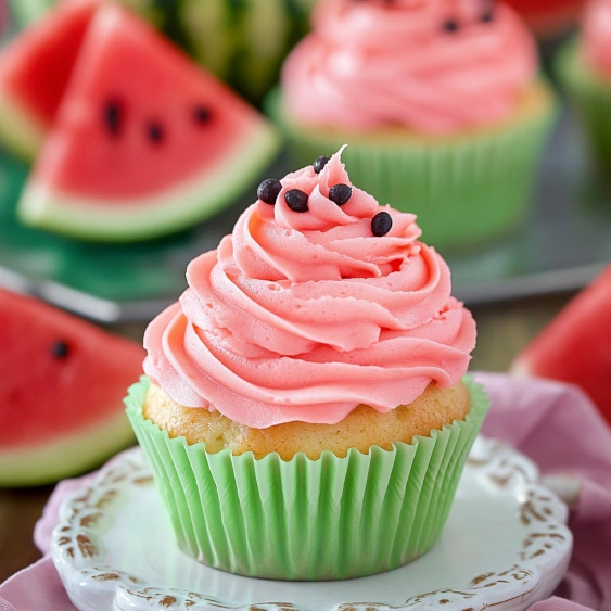A cupcake with pink frosting and a cherry on top.