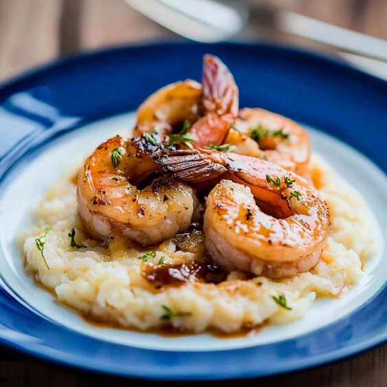 A plate of shrimp and rice.