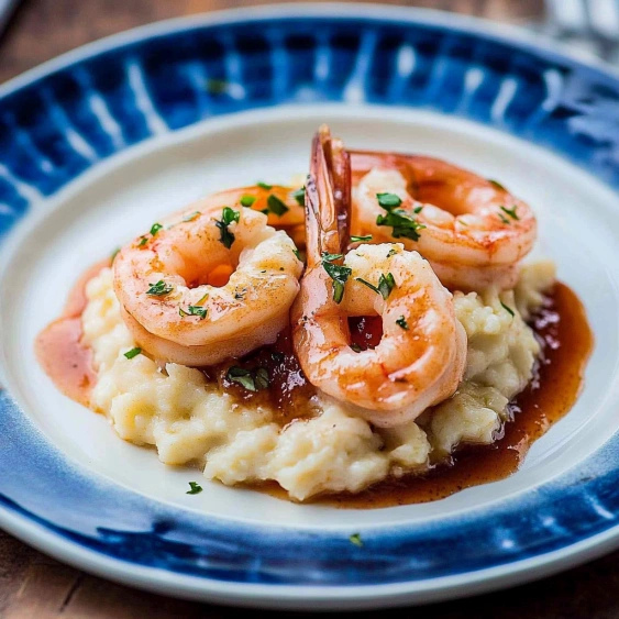 A plate of shrimp and rice.