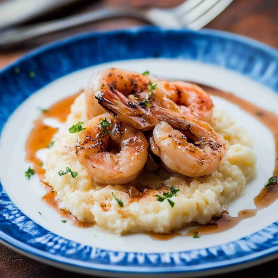 A plate of shrimp and rice.