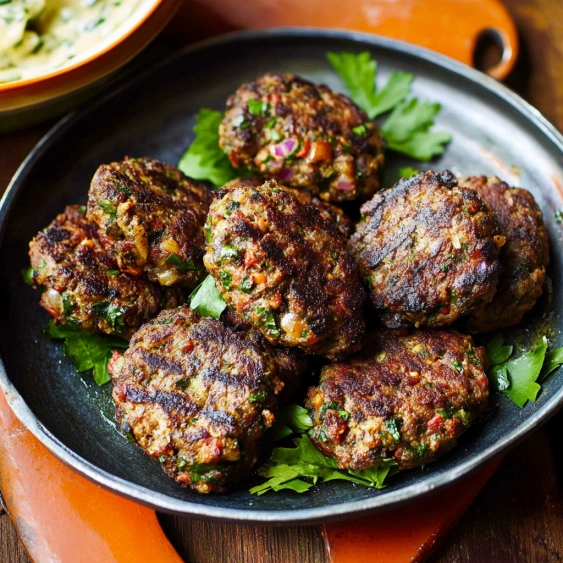 A pan of meatballs with a green garnish.