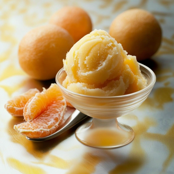 A bowl of orange sherbet with a spoon in it.