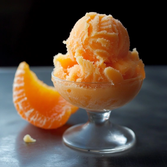 A glass of orange sherbet with a slice of orange on the side.