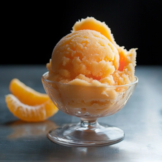 A glass bowl of orange sherbet.