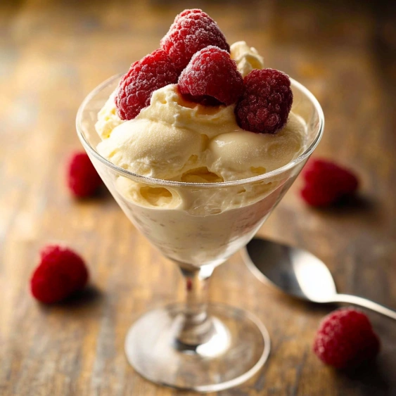 A glass of ice cream with raspberries on top.